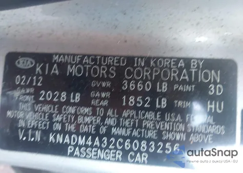 2012 Kia Rio Lx z USA, uszkodzony, nr VIN KNADM4A32C6083256
